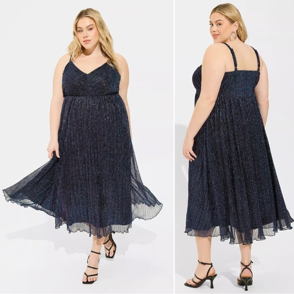 torrid Navy Blue Metallic Pleated Midi Dress